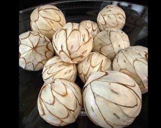Accent balls made of shaved wood.  Twelve.  From Fleur Detroit. Range from 2.5 to 3.5 in diameter. $15