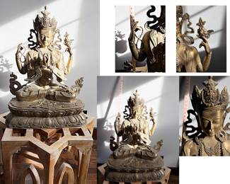 Handcrafted Brass Statue Bodhisattva of Compassion Chenrezig. Very large and heavy (approx 50 lbs)  27" high x 21" wide at highest point.  Spectacular and in excellent condition.  $800