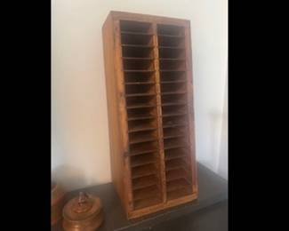 Antique Oak Post Office Mail Box.  Original construction & excellent condition!
Great unique gift for home office! 20”h x 8 1/2”w / 5 1/2” to 8”d   $265