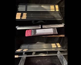 Set of New G & F Products heavy-duty stainless steel BBQ skewers and a stainless steel kabob rack.    $25
•    The set includes eight skewers that are 23 inches in length and 5/8 inches wide. 
•    The skewers are made from 2mm thick stainless steel and feature wooden handles. 
•    The skewers come with a heavy-duty travel bag for storage and transport.