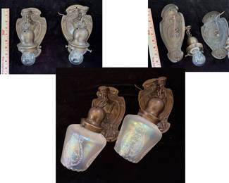 Antique art nouveau sconces.  Completely restored and rewired.  Gorgeous irridescent glass shades.  12"h x 5"w.  Pair of two.   $550