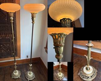 Set of torchiers.  c 1920. Marble and brass.  Pristine glass shades.  Excellent condition.  Re-wired.  $1800 for the pair