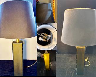 Vintage Donghia Mattone collectible hand-blown Venetian glass lamp in deep green with brass hardware. Sandblasted frosted surface. Black shade. 29"h.   Excl Cond. $450