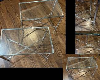 End tables of polished nickel and glass. Set of two. 22"x12"x17"h   $250