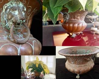 Hand crafted copper jardiniere with wonderful details.  Prob early 20th century.  12" w x 9" high.  $150
