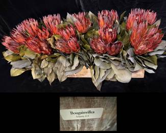 Protea arrangement from the Italian Dish. Real preserved flowers in a rustic wood planter box. By Bougainvillea, Atlanta, GA.  Excl condition.  $175