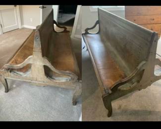 1880s Nashville Chattanooga Railway Station Train two Sided Bench.  Extremely Rare.  36” h x 39”w x 72”l
Seat depth 16”.  Excellent condition with no repairs
Beautiful worn paint and wood patina.   $1295
