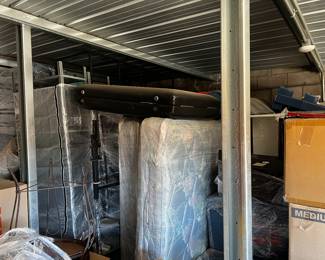 Storage racks, king bed and frame, lots of items