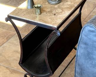 Wrought Iron Magazine Rack Travertine Stone Top End Table