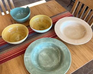 Pottery Barn 17", Mikasa green stoneware bowl, yellow swirl glass bowls 