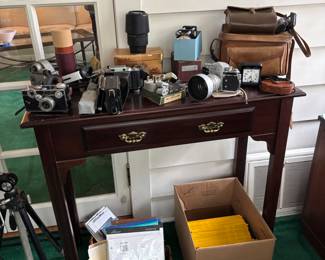 Cherry hallway table & camera collection