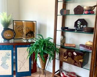 Asian decor , wood/ class curio / bookshelf