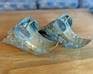 Pair of Vintage Antique Brass Conquistador Stirrup Moorish Coal Ash Scuttle Scoop Handle