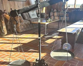 Large Wrought Iron Mid-19th Century Scale  - 5' Tall and Mounted on a Wood Block