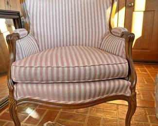 French Loius XV Style Wingback Chair Upholstered in Pink and White Stripes