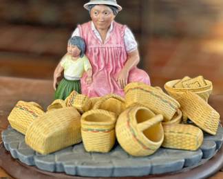 Peruvian Elderly Woman & Child Selling Baskets Ceramic Folk Art