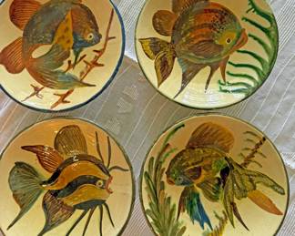 Vintage 1950's/60's Mediterranean terracotta bowls with hand painted fish decoration. Believed to be by Puigdemont.