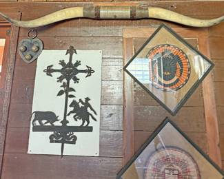 &#128276; Longhorn Steer Horns, Cowboy Weathervane, Vintage Leather Brass Bells 