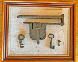 Framed/Mounted Antique Hand-forged Wrought Iron Padlock and Skeleton Keys