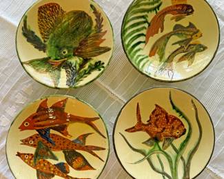 Vintage 1950's/60's Mediterranean terracotta wall plate with hand painted fish decoration. Believed to be by Puigdemont.