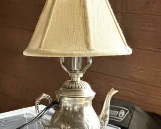Vintage Silver Metal Embossed Teapot Lamp made in India