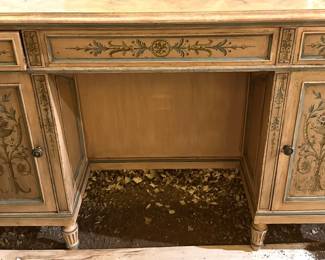English 19th Century faux painted marbleized pedestal writing desk with hand-painted floral motifs and banding