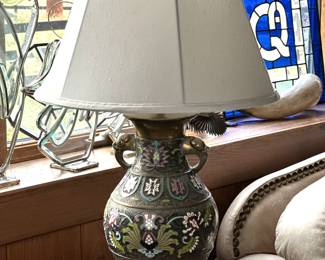 Antique Japanese  2-Handle Cloisonné Bronze Vase Lamp