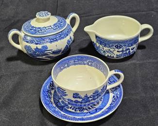 Blue Willow Creamer, Sugar Bowl, Cup & Saucer