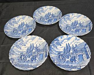 Myott Royal Mail Blue Stagecoach 5 Flat Soup Bowls