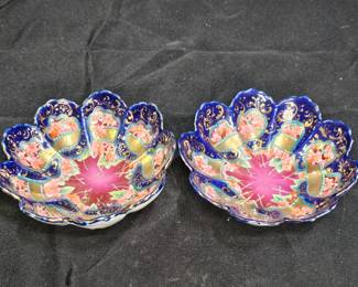 2 Antique Asagi-Zo Footed Porcelain Berry Bowls