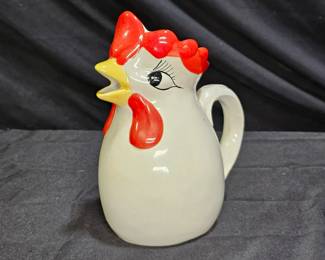 Vtg Hand Painted Pottery Chicken Water Pitcher