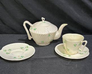 Belleek Shamrock Tea Pot, Cup & 2 Saucers       