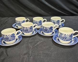 Churchill Blue Willow 7 Tea Cups & 7 Saucers
