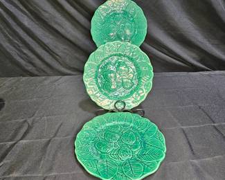 3 Fondeville Green Majolica Dessert Plates