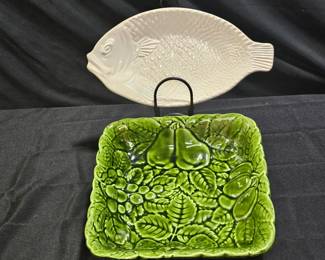 Vintage Sarreguemines Majolica Bowl & Fish Platter