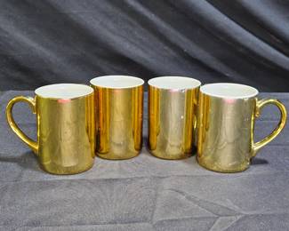 Set of 4 Gold Tone Ceramic Coffee Mugs