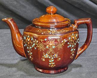 Vintage Brown Terracotta Tea Pot with Glaze Decor