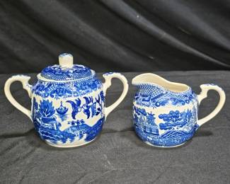 Vintage Blue Willow Ceramic Sugar Bowl & Creamer