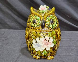 Vintage 1960's Floral Green Owl Cookie Jar