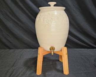 White Pottery Beverage Dispenser with Wooden Stand