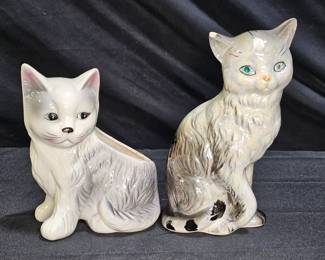 Vintage Ceramic Iridescent Cat & Cat Planter
