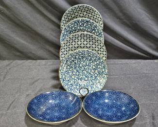 6 Japanese Style Porcelain Geometric Soup Bowls
