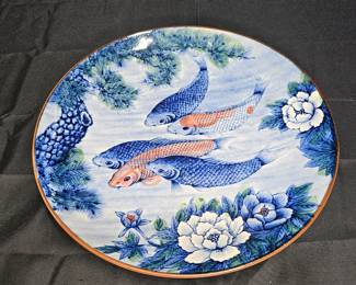 Vtg Japanese Porcelain Koi Fish & Lotus Plate