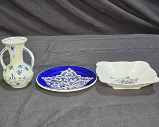 Delft Bud Vase, Royal Stafford Plate, Lace Plate