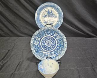 Vintage Blue & White Plate, Flat Bowl & Rice Bowl