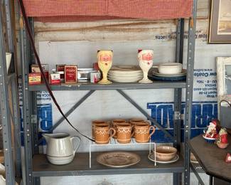 Vintage tins, plastic Christmas cups, miscellaneous stoneware and dishes