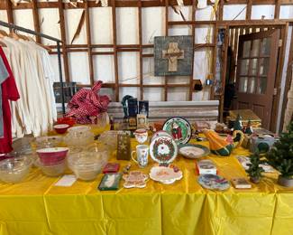 Mixing bowls, lots of Christmas, fall pitcher.