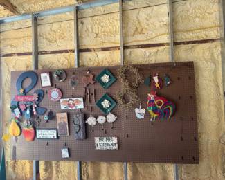 Signs and hanging decor.