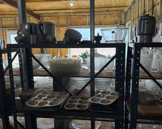 Muffin pans, vintage coffee pot pieces.