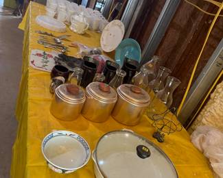 Milk glass glasses. Vintage Canisters, milk jugs, large porcelain pan with lid.